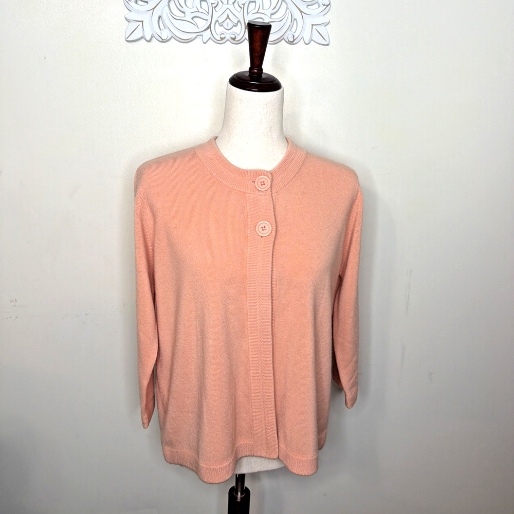 VTG SWANN Women's size S Button Front Cardigan Sweater 3/4 Sleeves Pastel PEACH